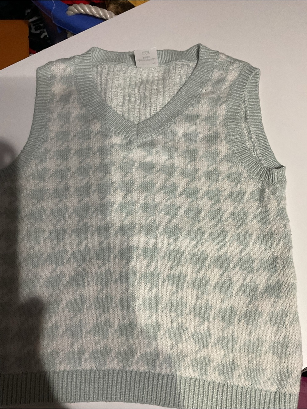 Girls V-Neck Knit Sweater Vest in Light Mint and White